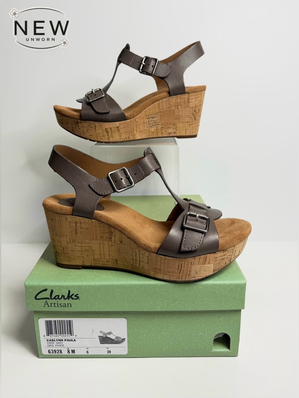 NEW Clarks CASLYNN PAULA Dark Grey Wedge Sandal. Size 8M in Original Box.